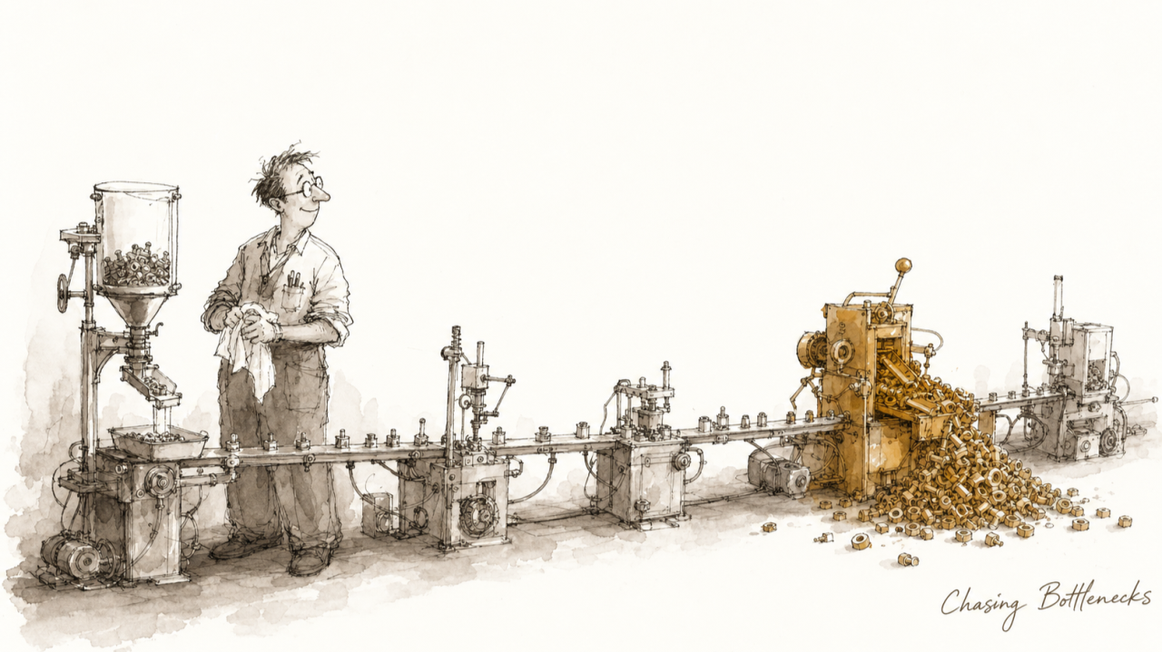 Ink-and-wash illustration of a worker at an assembly line who has just fixed his own station, wiping his hands, looking up to see the machine downstream jammed and overflowing with parts. The jammed station glows amber. Captioned “Chasing Bottlenecks.”