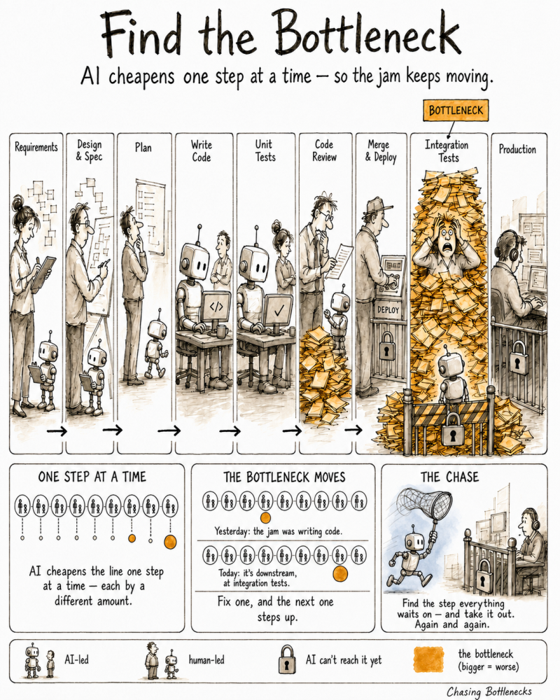 Ink-and-wash infographic titled “Find the Bottleneck.” The software lifecycle is laid out as stations from Requirements to Production, each staffed by robot and human figures showing how much AI does the step. Integration Tests is buried in an amber overflow and marked the bottleneck. Three panels below read “One Step at a Time,” “The Bottleneck Moves,” and “The Chase.”