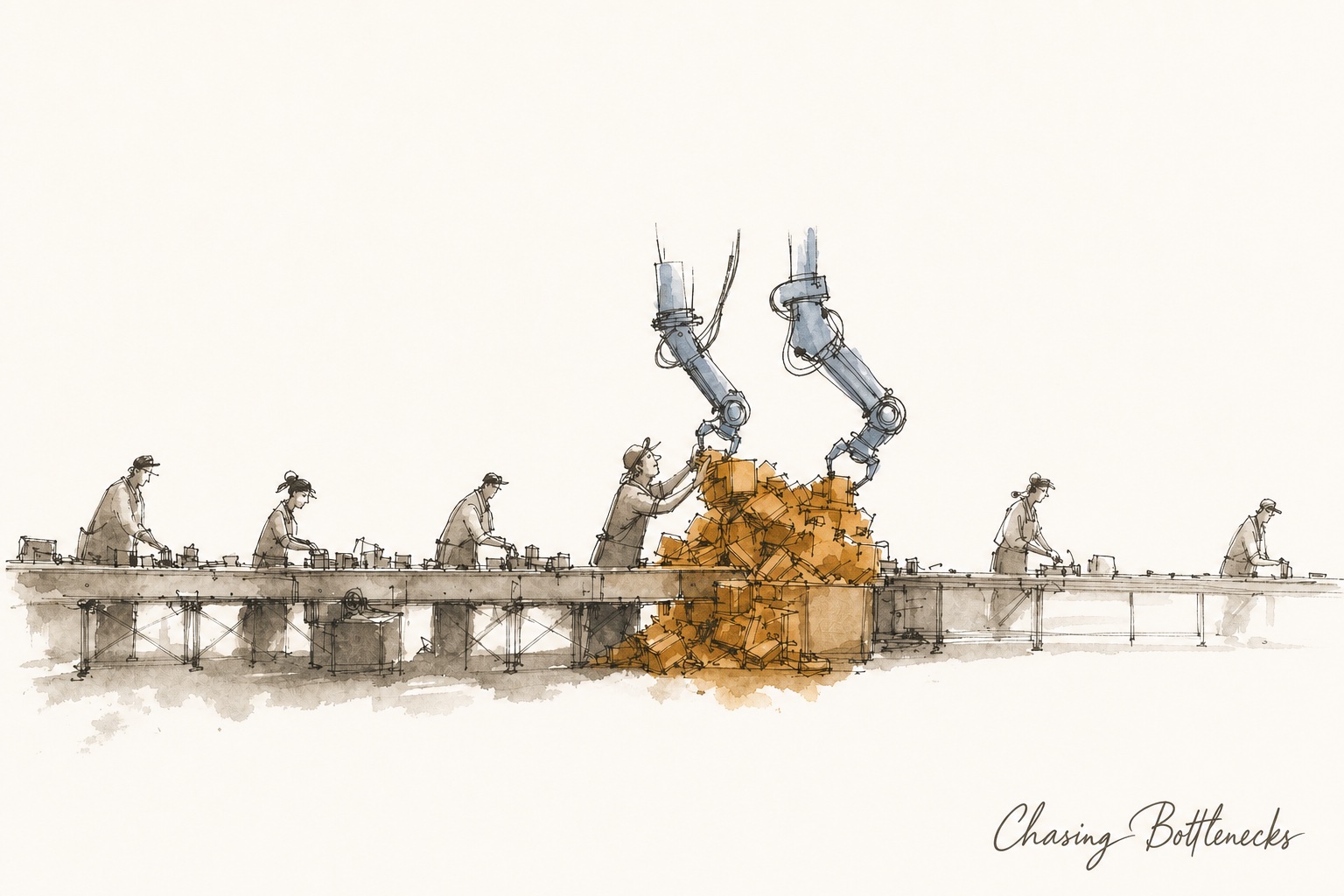 Ink and wash illustration of a workshop line. Work is jammed at one station, marked in amber. A worker and a pair of robot arms clear the jam together.